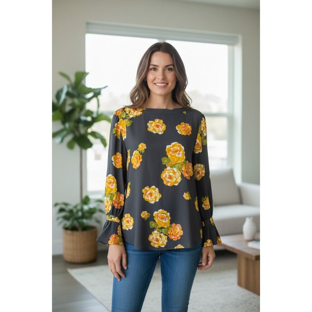 Loft Womens S Top Floral Print Black Yellow Blouse Bell Sleeves